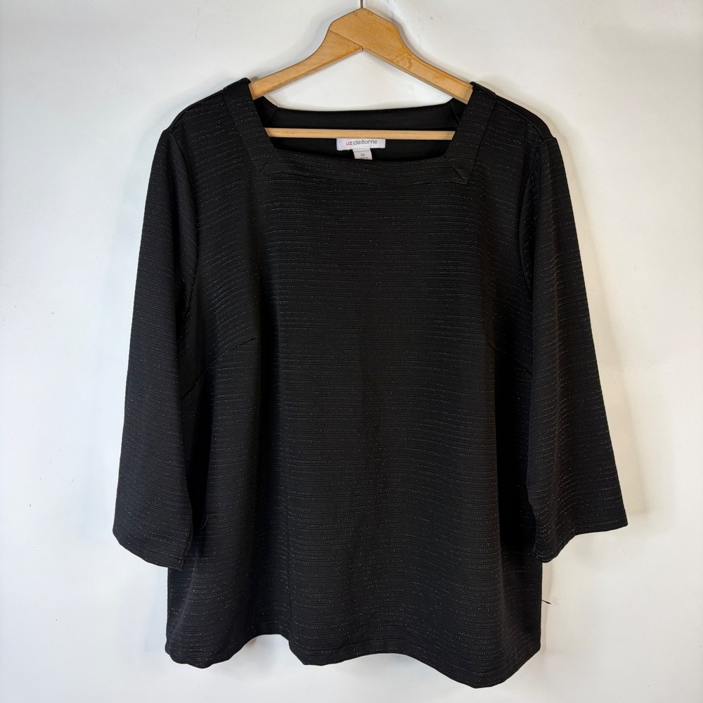 Liz Claiborne Square Neck Top Women 2X Black Metallic Ribbed 3/4 Sleeve